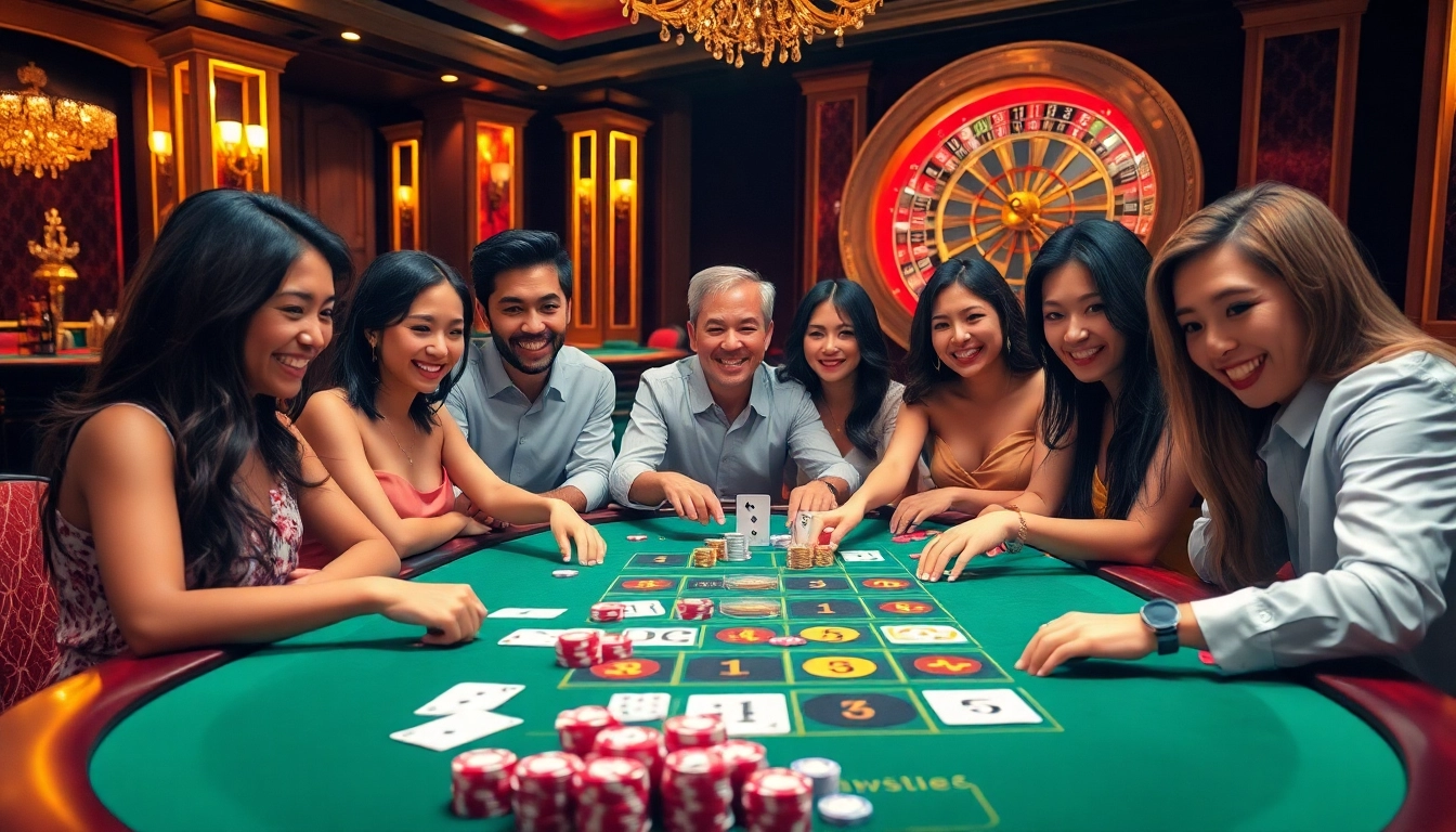 Situs toto gaming table vibrant with players, colorful chips, and thrilling casino atmosphere.