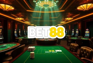Experience excitement at BET88's luxurious casino tables with cards and poker chips.