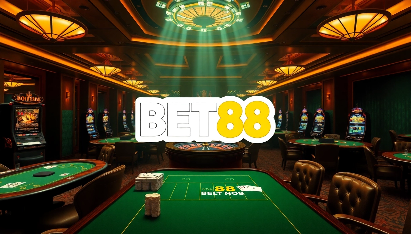 Experience excitement at BET88's luxurious casino tables with cards and poker chips.