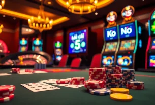 Kèo nhà cái 5 betting table set in a luxurious casino environment, showcasing poker chips and vibrant playing cards.