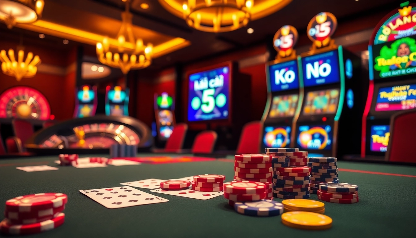 Kèo nhà cái 5 betting table set in a luxurious casino environment, showcasing poker chips and vibrant playing cards.