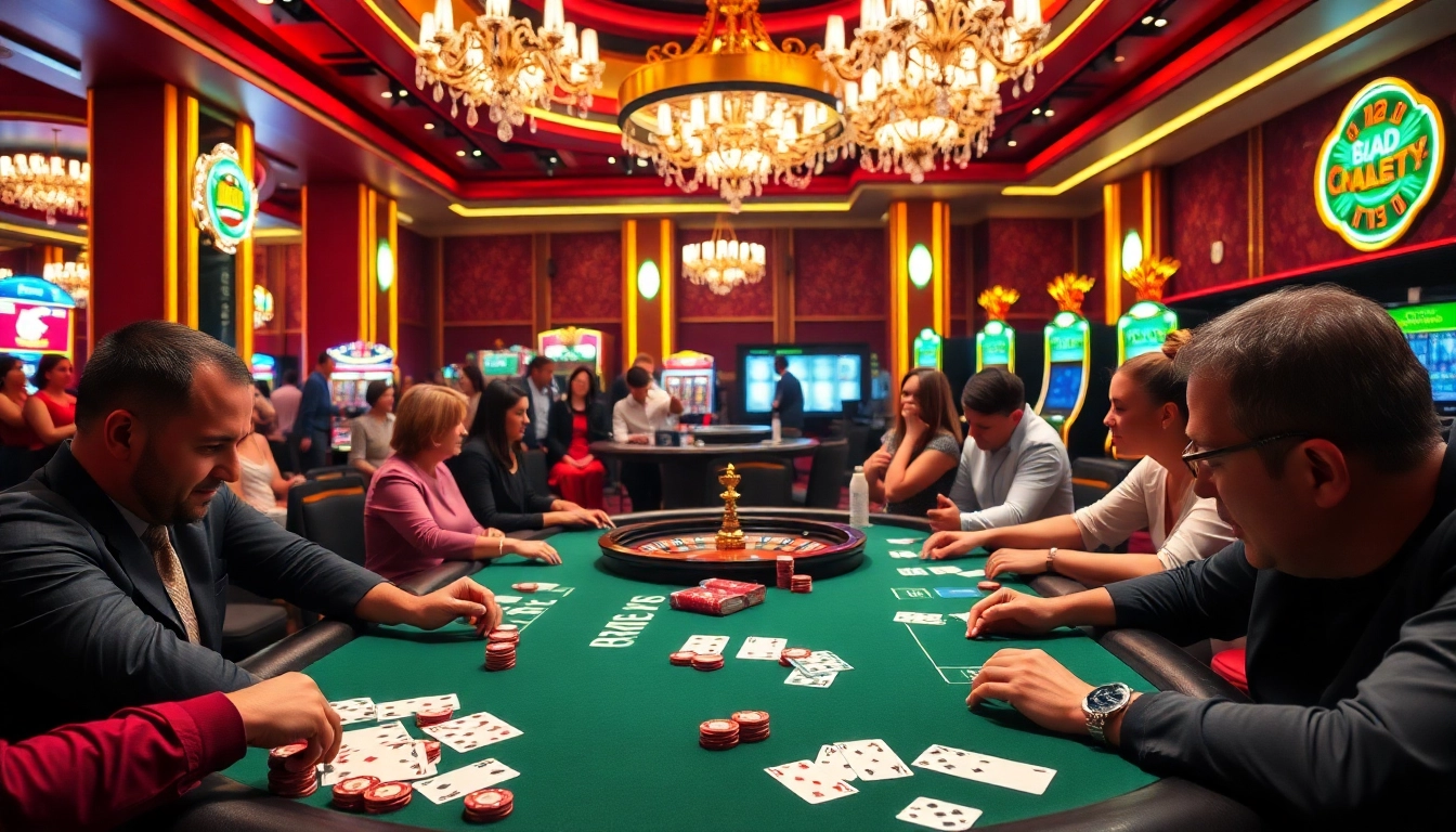 Pahala4d gamers enjoying a thrilling poker game at a luxurious casino table with vibrant surroundings.