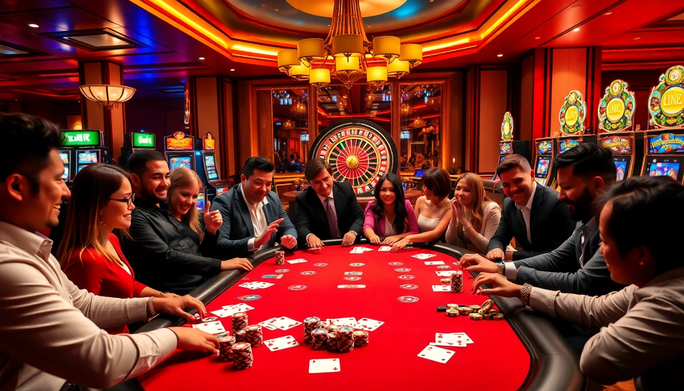 Players engaging at a high-stakes poker table in a luxurious U888 casino environment.