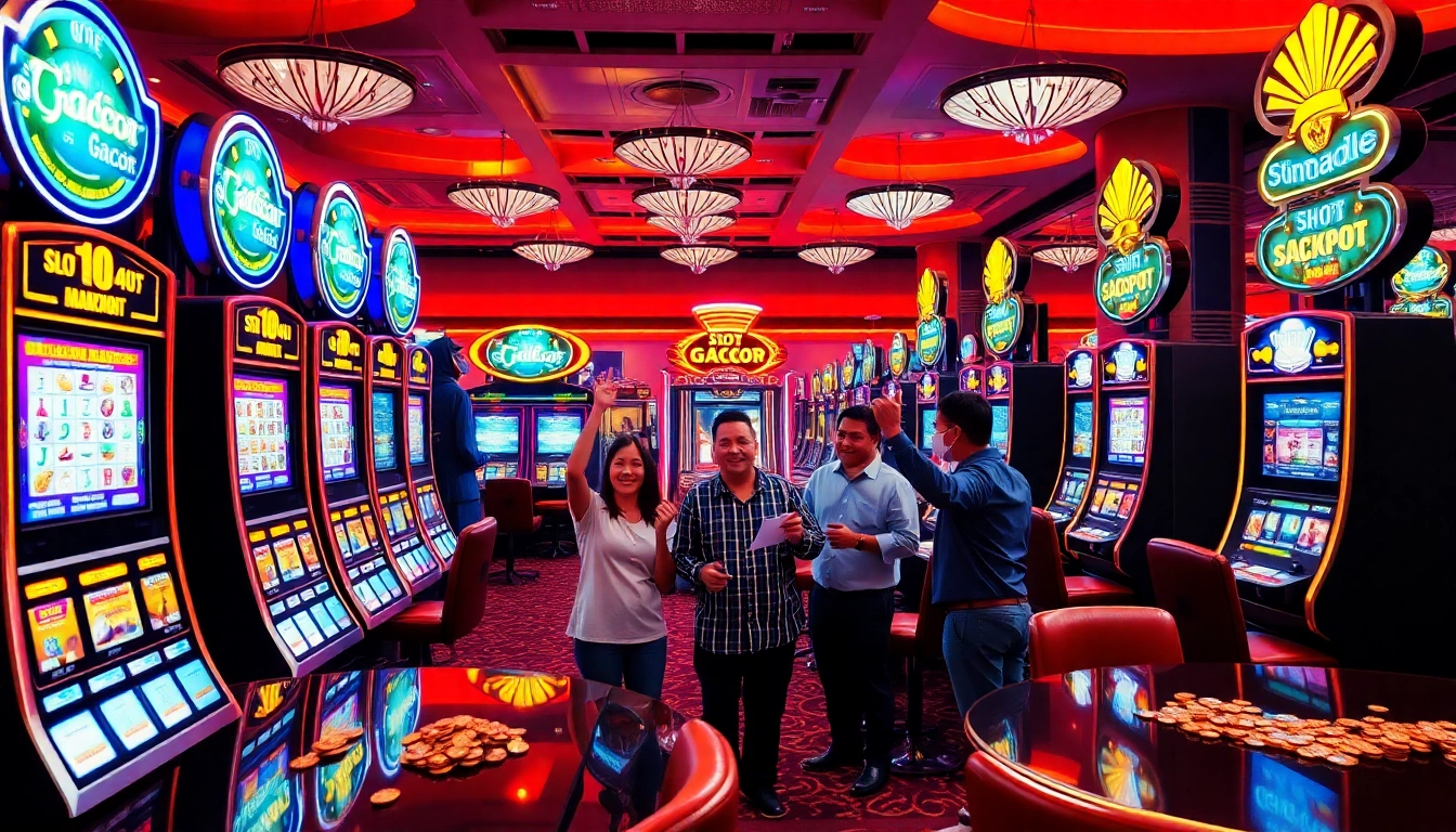 Engaged players enjoying slot gacor machines with vibrant visuals and high RTP.