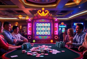 Engage in Mahjong Ways slot gameplay amidst a lively casino environment.