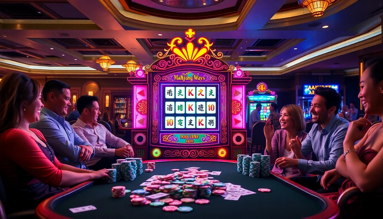 Engage in Mahjong Ways slot gameplay amidst a lively casino environment.