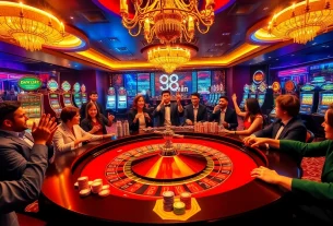Excited gamblers at a roulette table in a luxurious casino ambiance featuring 98win elements.