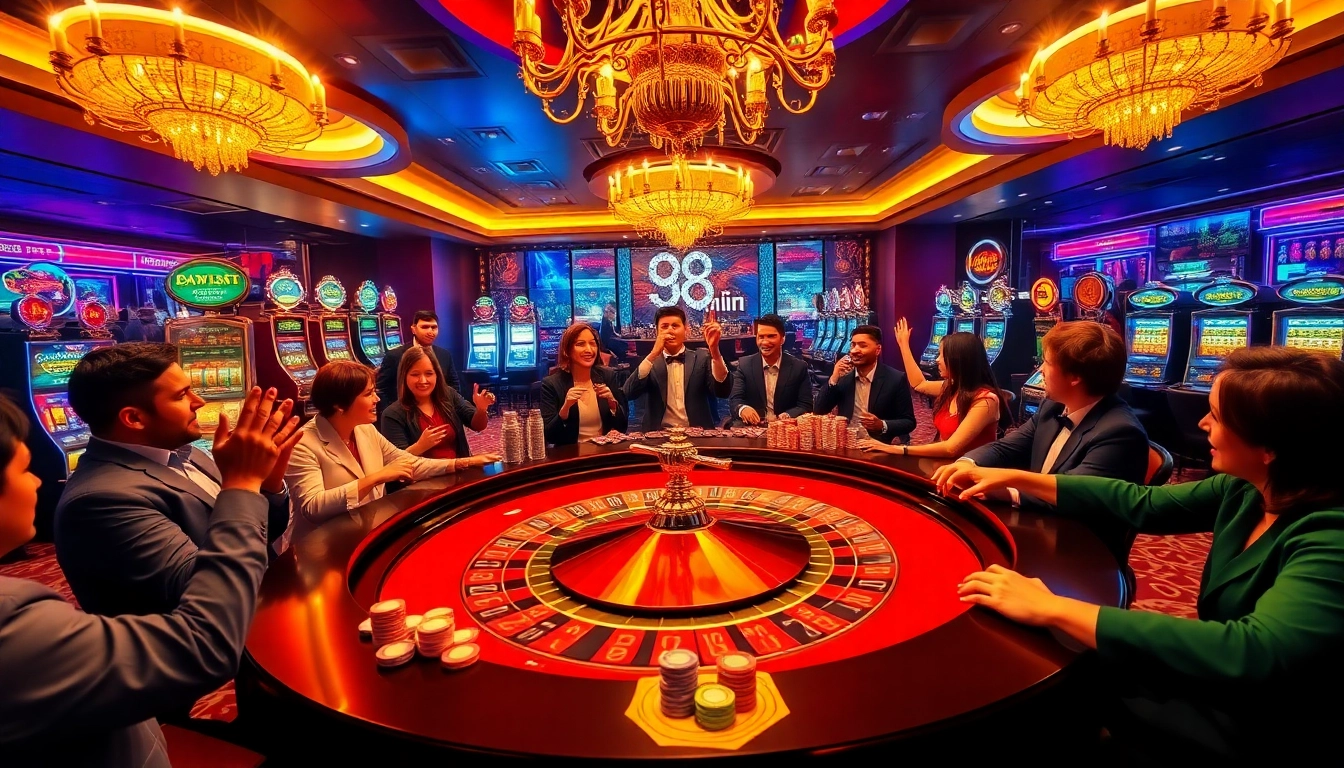 Excited gamblers at a roulette table in a luxurious casino ambiance featuring 98win elements.