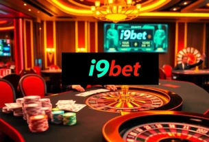 i9bet casino scene with vibrant gaming tables, chips, and roulette wheels.