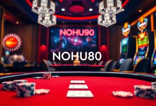 NOHU90 interactive casino scene with poker chips, cards, and a roulette wheel.