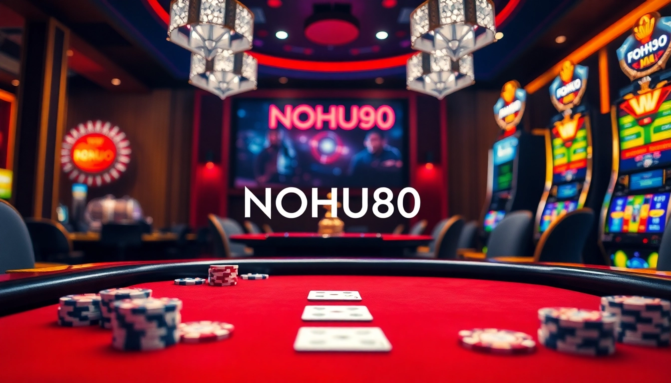 NOHU90 interactive casino scene with poker chips, cards, and a roulette wheel.