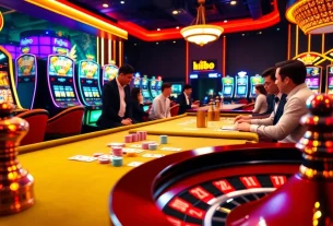 Exciting poker game with Hi88 chips and cards at a luxurious casino table.