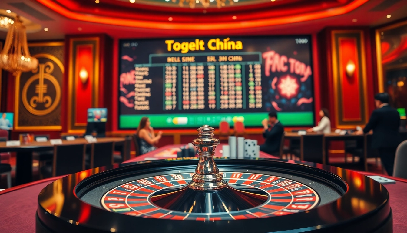 Togel China results displayed with luxurious roulette and excited players in a high-end casino.