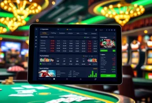 Engaging scene of Thể thao rikbet online sports betting interface on a modern tablet amidst a vibrant casino atmosphere.
