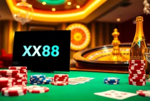 Engage in exciting poker action with XX88 at a luxurious casino setting filled with vibrant chips and cards.