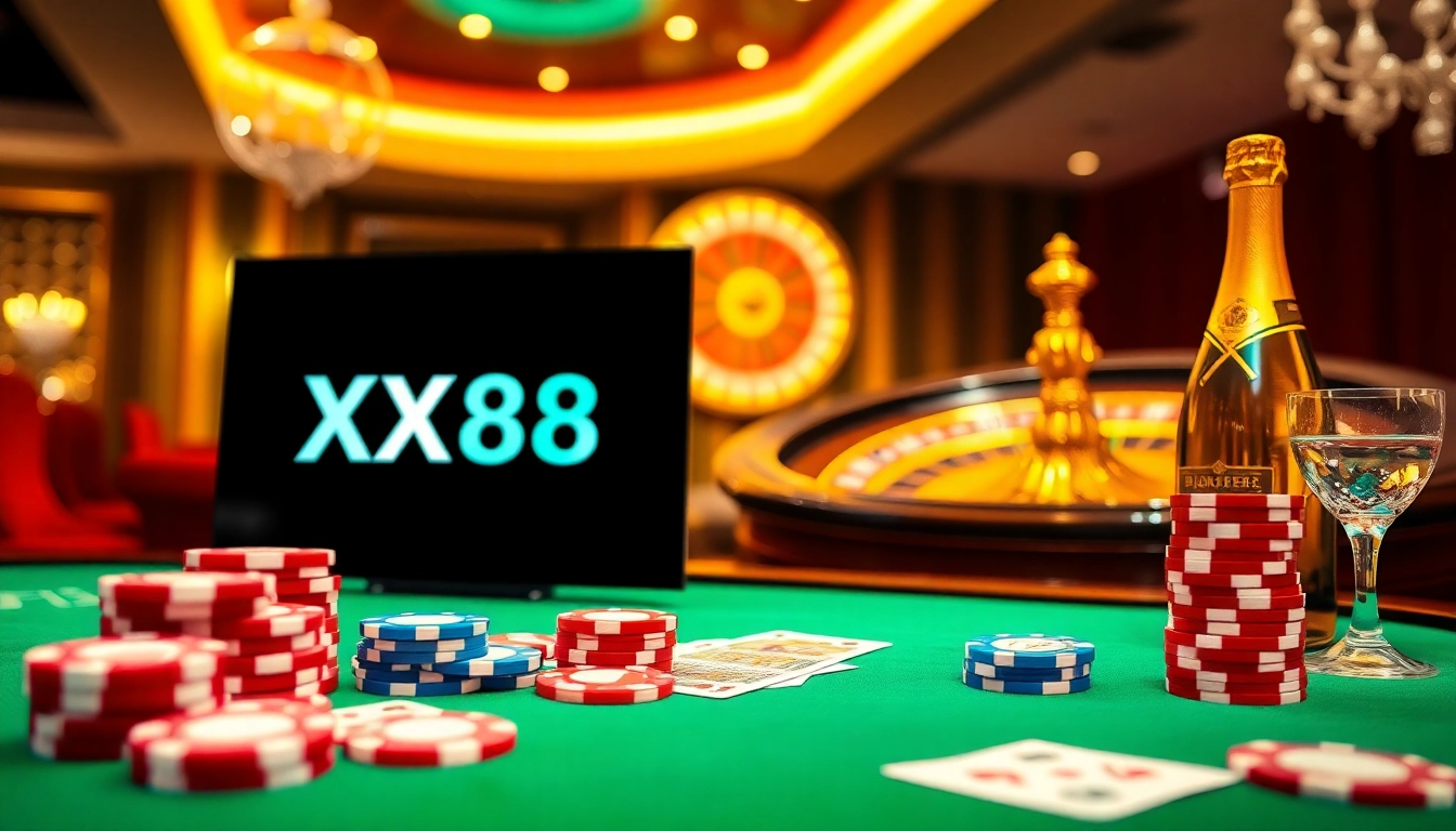 Engage in exciting poker action with XX88 at a luxurious casino setting filled with vibrant chips and cards.