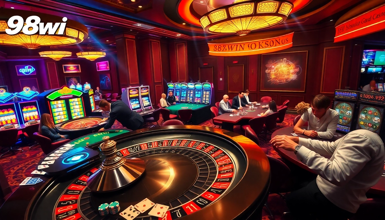 Experience the thrill of 98win at a luxurious casino scene, highlighting exciting poker games and slot machines.