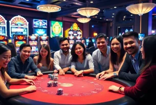 High-energy gambling scene at nhà cái mm88 featuring poker tables and roulette wheels.