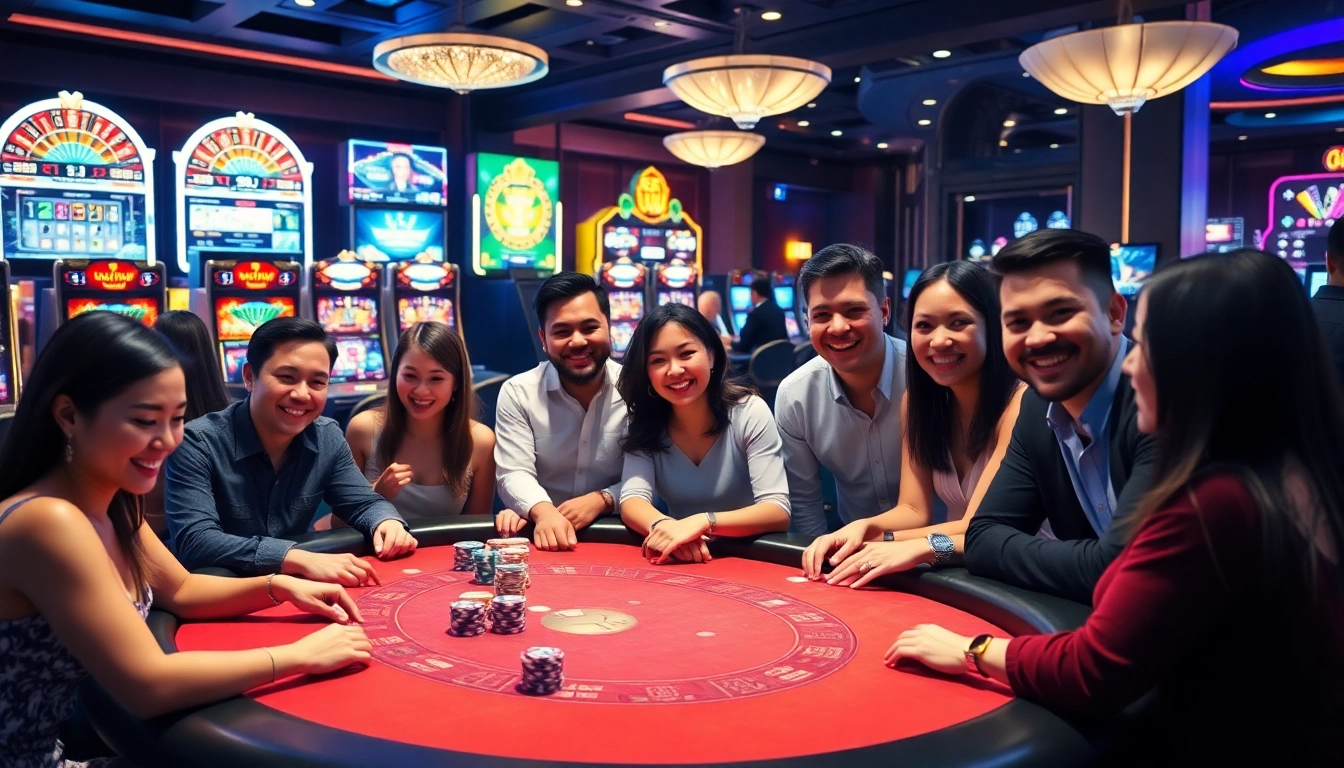High-energy gambling scene at nhà cái mm88 featuring poker tables and roulette wheels.