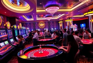 K9K9 casino scene with players enjoying roulette and poker, vibrant and exciting atmosphere.