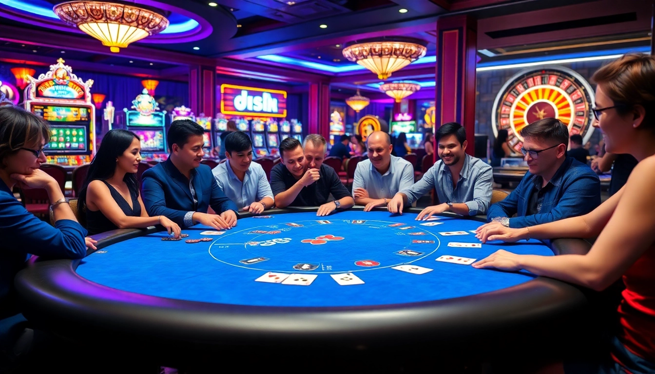 Intense poker action at a j88-themed casino table with vibrant slot machines and roulette.