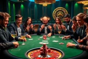 Exciting poker action at a high-stakes game at Dominoqiu, featuring players and vibrant chips.