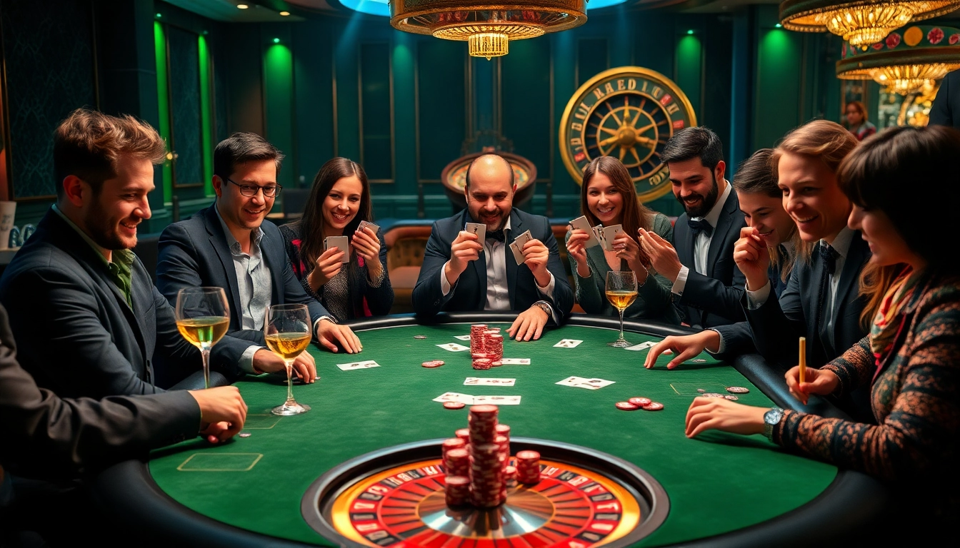 Exciting poker action at a high-stakes game at Dominoqiu, featuring players and vibrant chips.