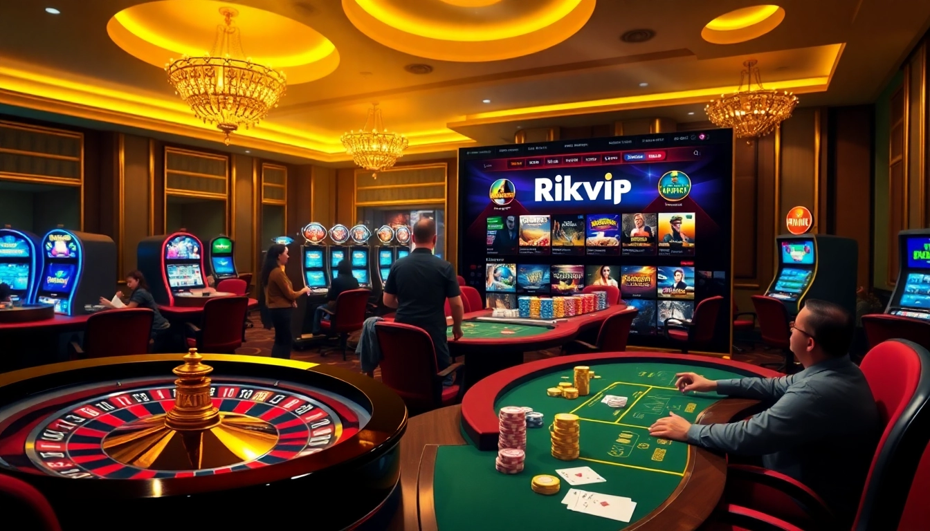 Players enjoying a thrilling game experience at Rikvip casino with roulette and poker tables.