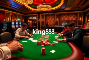 Players enjoying high-stakes poker at king88 casino, surrounded by luxurious gaming elements.