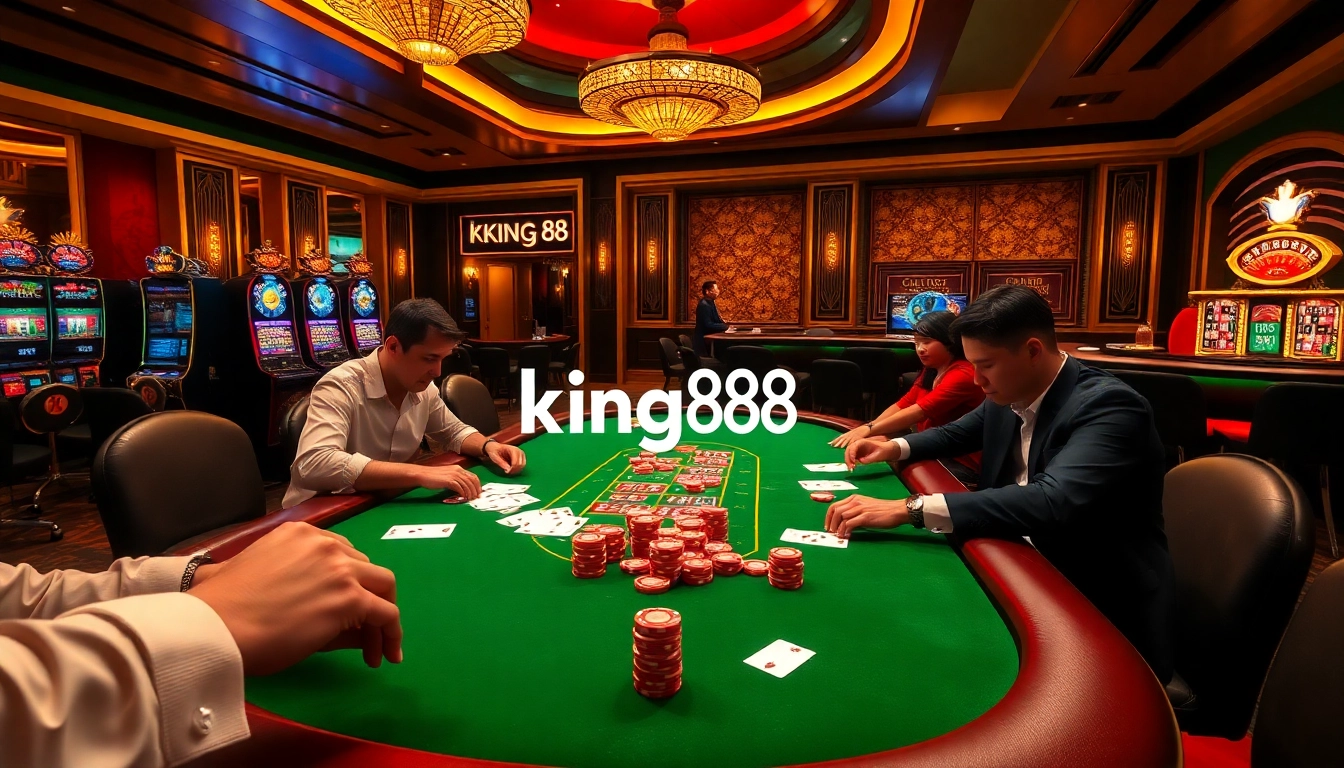 Players enjoying high-stakes poker at king88 casino, surrounded by luxurious gaming elements.