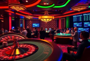 Players enjoying a thrilling game at Rikvip casino, featuring poker tables, roulette wheels, and colorful decorations.