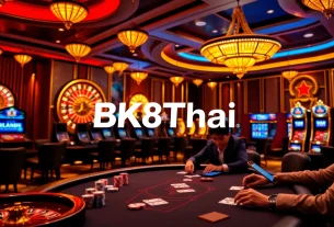 Players relish exciting games at BK8Thai, surrounded by vibrant casino elements like roulette wheels and slot machines.