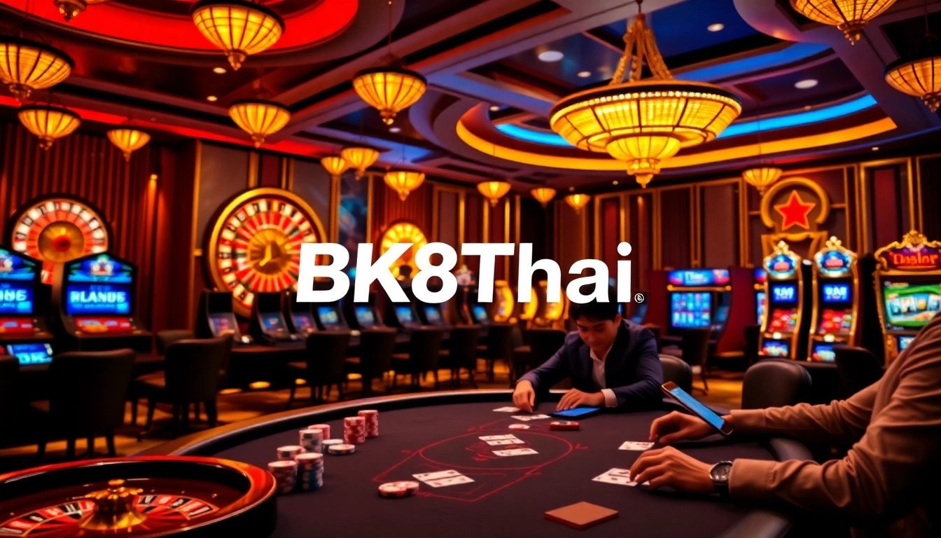 Players relish exciting games at BK8Thai, surrounded by vibrant casino elements like roulette wheels and slot machines.