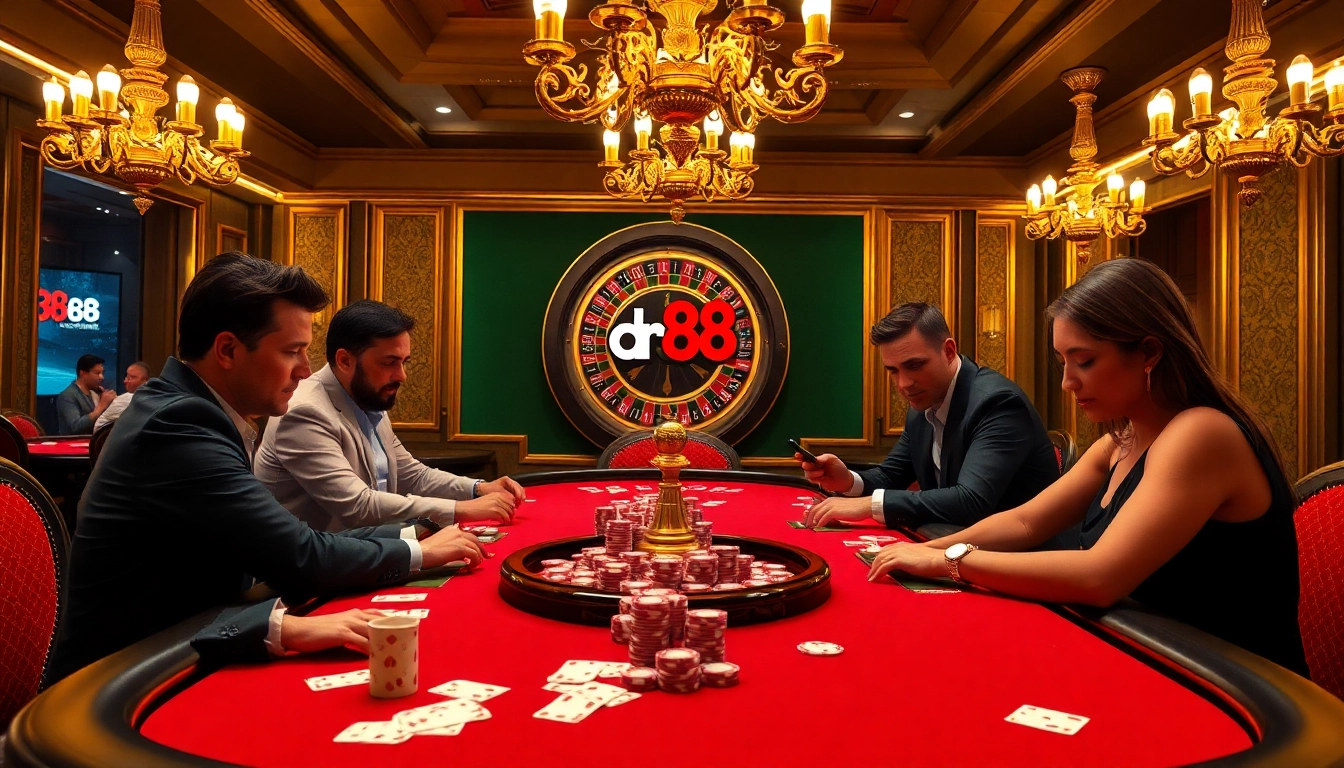 Experience the thrill of dr88 with players at a vibrant poker table in a luxurious casino setting.