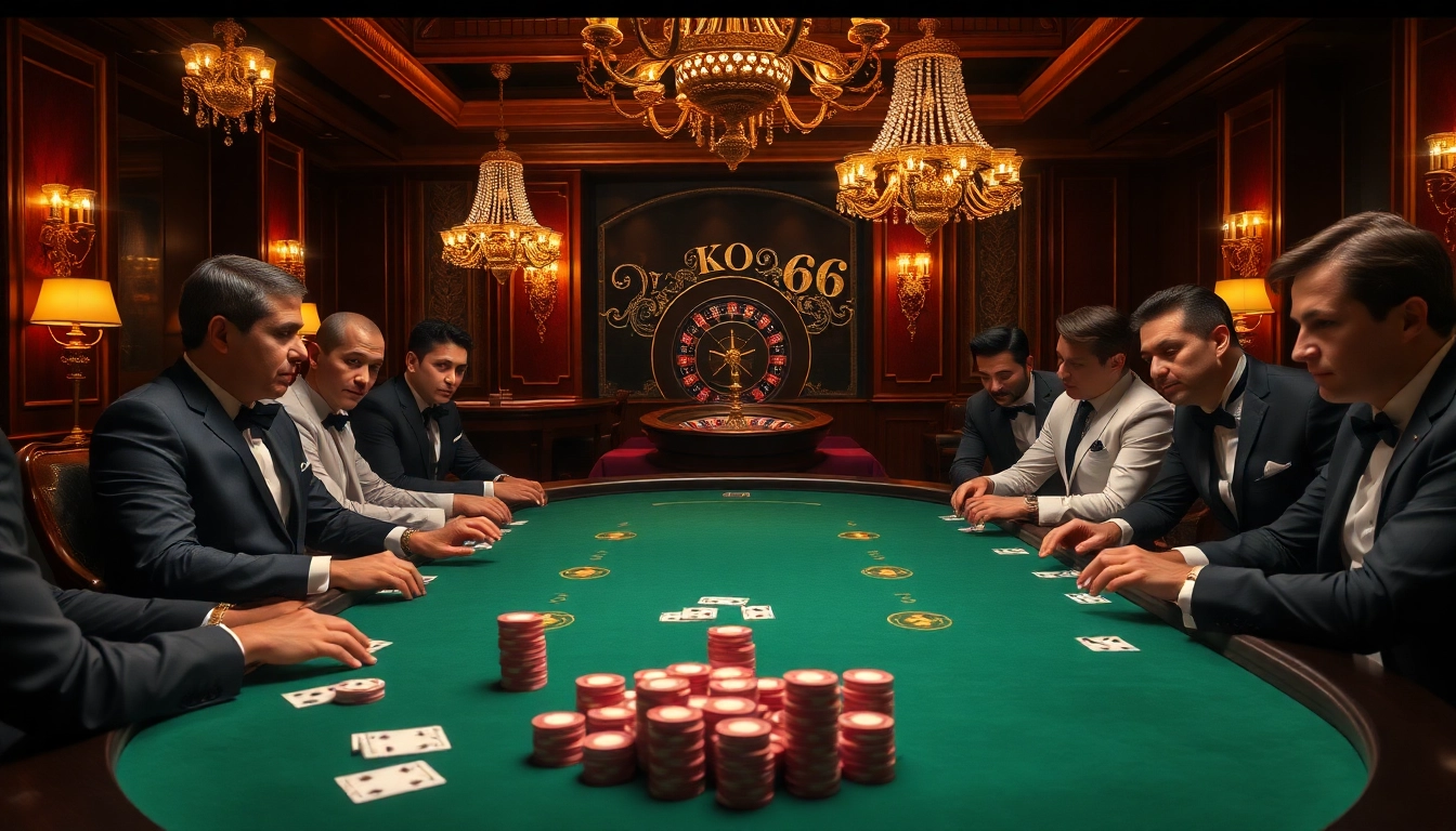 Players enjoy a thrilling game at the KO66 poker table, surrounded by excitement and luxury.