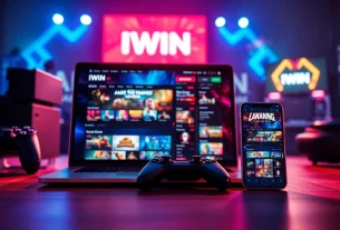 IWIN online gaming platform showcasing vibrant user interface on laptop and smartphone, highlighting tai iwin features.