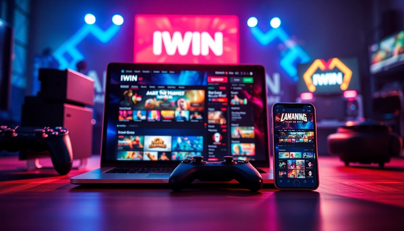 IWIN online gaming platform showcasing vibrant user interface on laptop and smartphone, highlighting tai iwin features.
