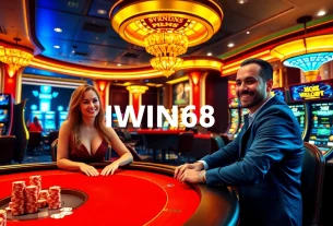 IWIN68 gambling excitement at luxurious casino tables with poker chips and slot machines.