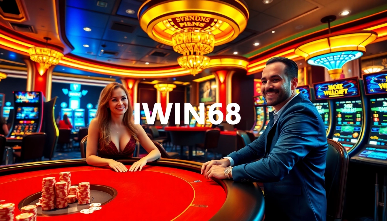 IWIN68 gambling excitement at luxurious casino tables with poker chips and slot machines.