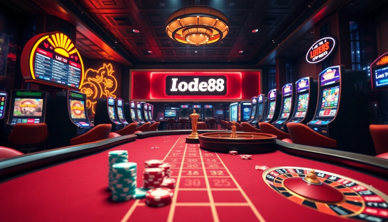 Betting excitement at nhà cái lode88 with vibrant casino elements and high-stakes atmosphere.