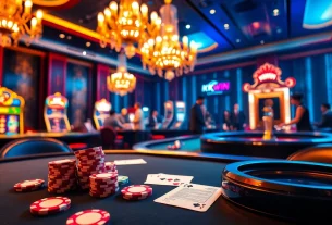 Kkwin casino scene featuring vibrant poker chips, cards, and an illuminated roulette table, showcasing the excitement of gambling.