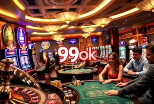 Experience the thrill of gambling at 99ok's luxurious casino tables with poker chips and roulette wheels.