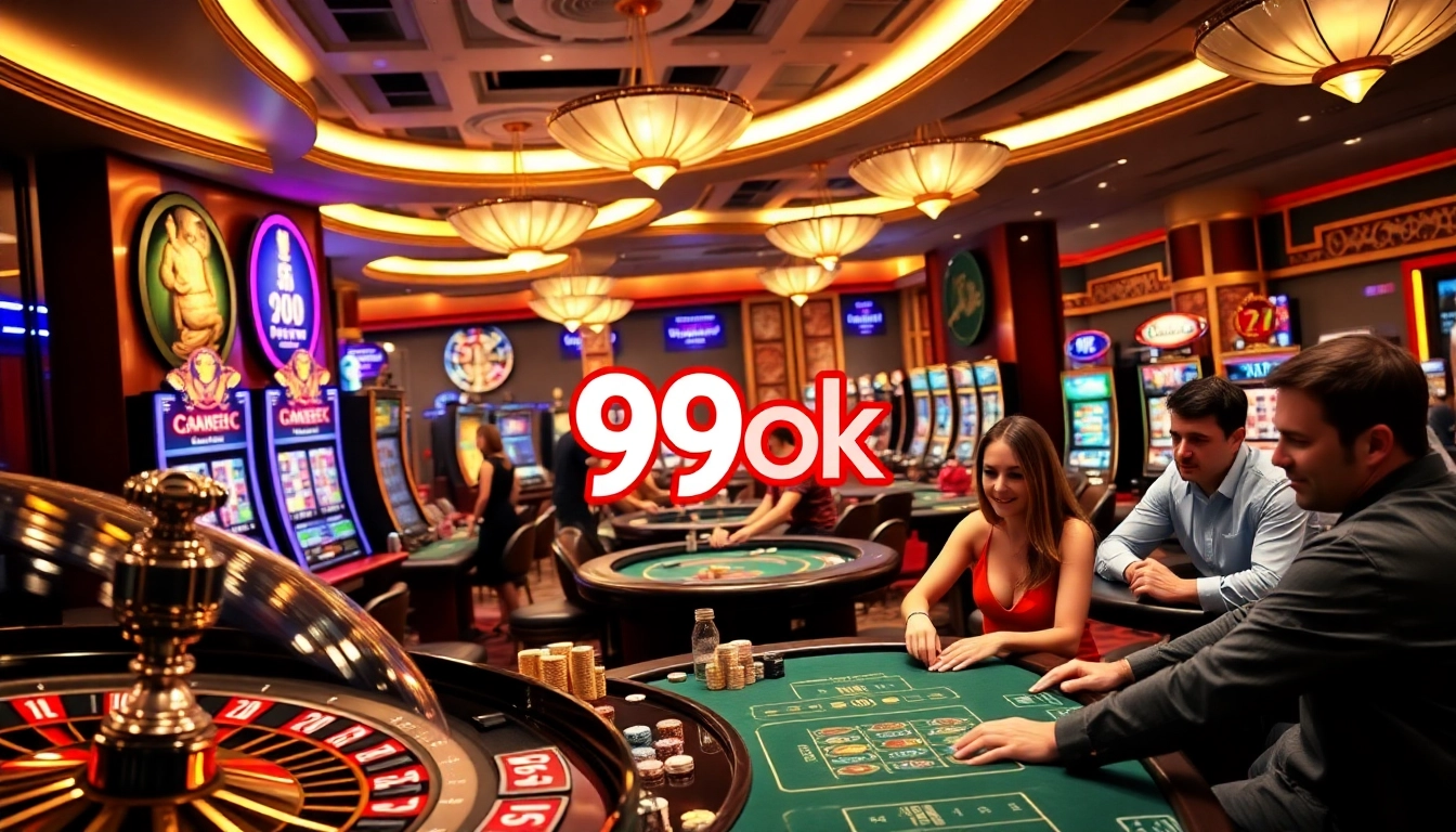 Experience the thrill of gambling at 99ok's luxurious casino tables with poker chips and roulette wheels.