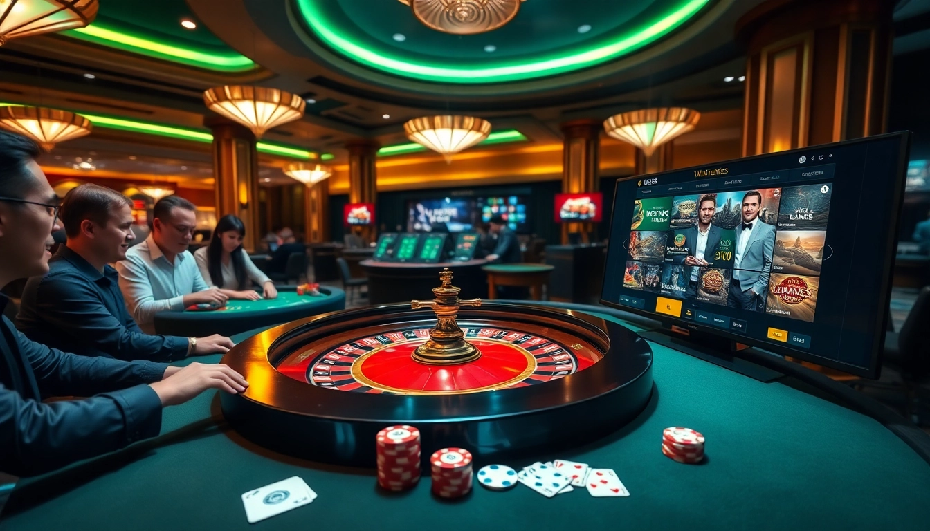 Gamblers enjoying a thrilling experience at UU88 casino table with roulette and poker chips.