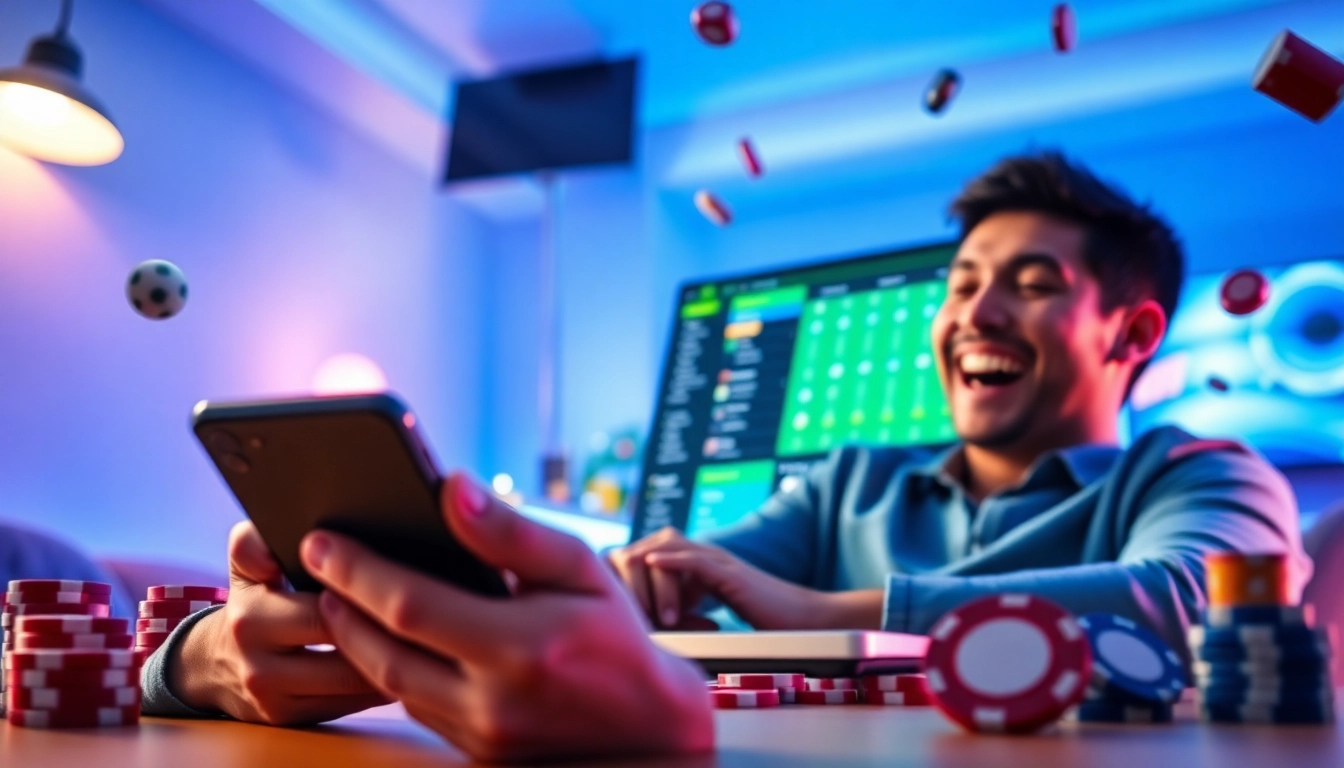 Engaging scene of users enjoying Ho88 online betting on smartphone and laptop.