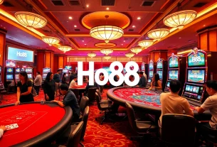 Exciting casino scene featuring Ho88 brand with diverse players enjoying baccarat and slots.