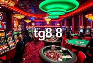 High-stakes poker action at tg88 casino, illuminated by vibrant casino lights and premium gaming tables.