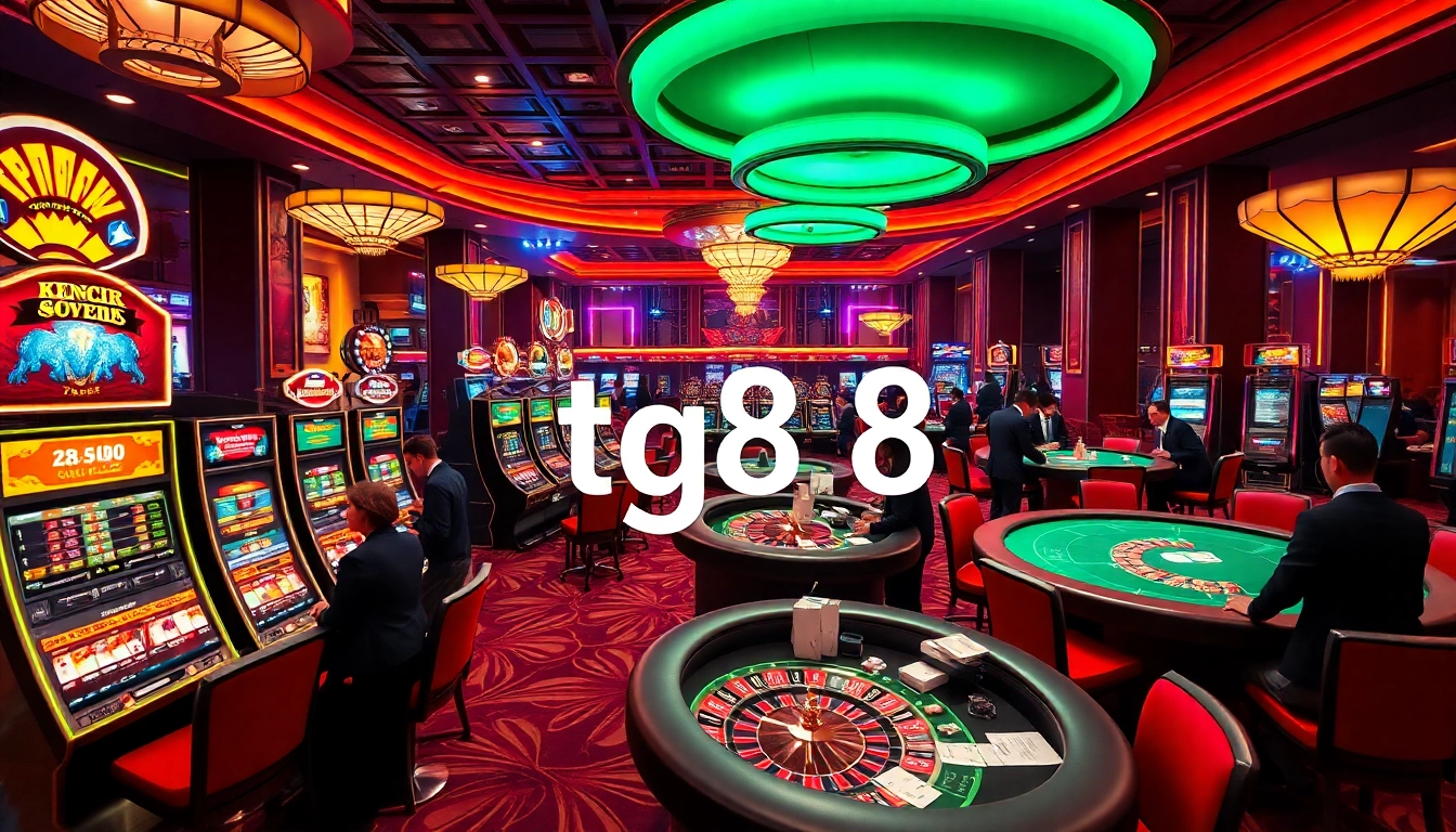 High-stakes poker action at tg88 casino, illuminated by vibrant casino lights and premium gaming tables.