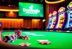 Engaging Dominoqiu casino scene showcasing poker chips and cards in an exciting atmosphere.