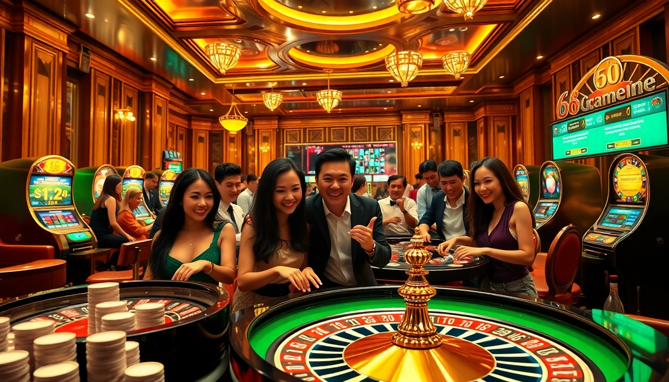 Players enjoying a thrilling session of 68 game bài with roulette wheels and poker chips.